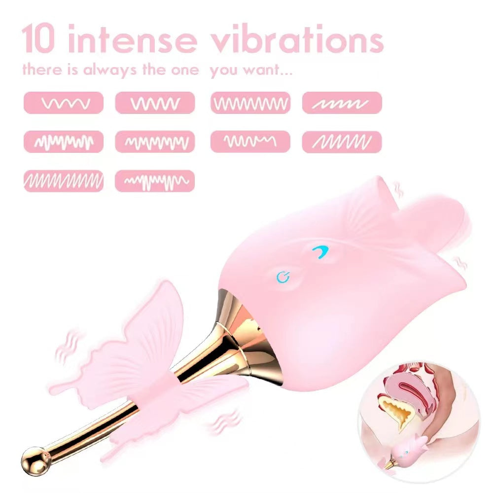 Sensatease - 10-Frequency Vibration Tongue Licking Rose Vibrator
